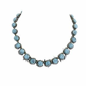 Art Deco Style Statement Necklace Goldtone Faux Turquoise & Clear Crystals 18"